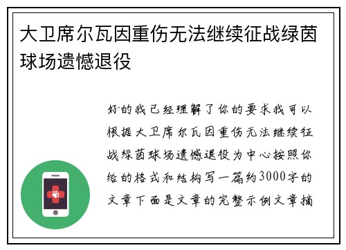 大卫席尔瓦因重伤无法继续征战绿茵球场遗憾退役