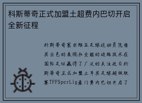 科斯蒂奇正式加盟土超费内巴切开启全新征程