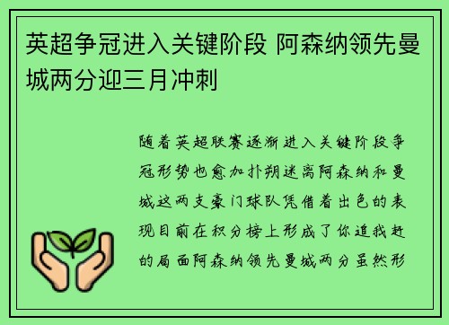 英超争冠进入关键阶段 阿森纳领先曼城两分迎三月冲刺