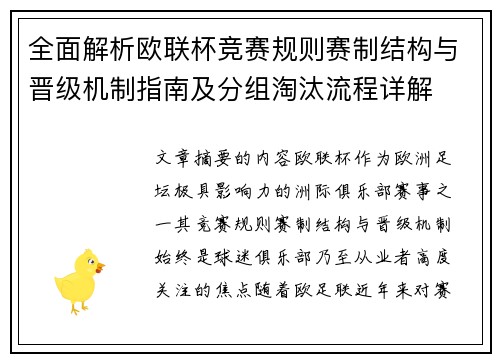 全面解析欧联杯竞赛规则赛制结构与晋级机制指南及分组淘汰流程详解