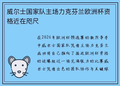 威尔士国家队主场力克芬兰欧洲杯资格近在咫尺 威尔士国家队主场力克芬兰欧洲杯资格近在咫尺